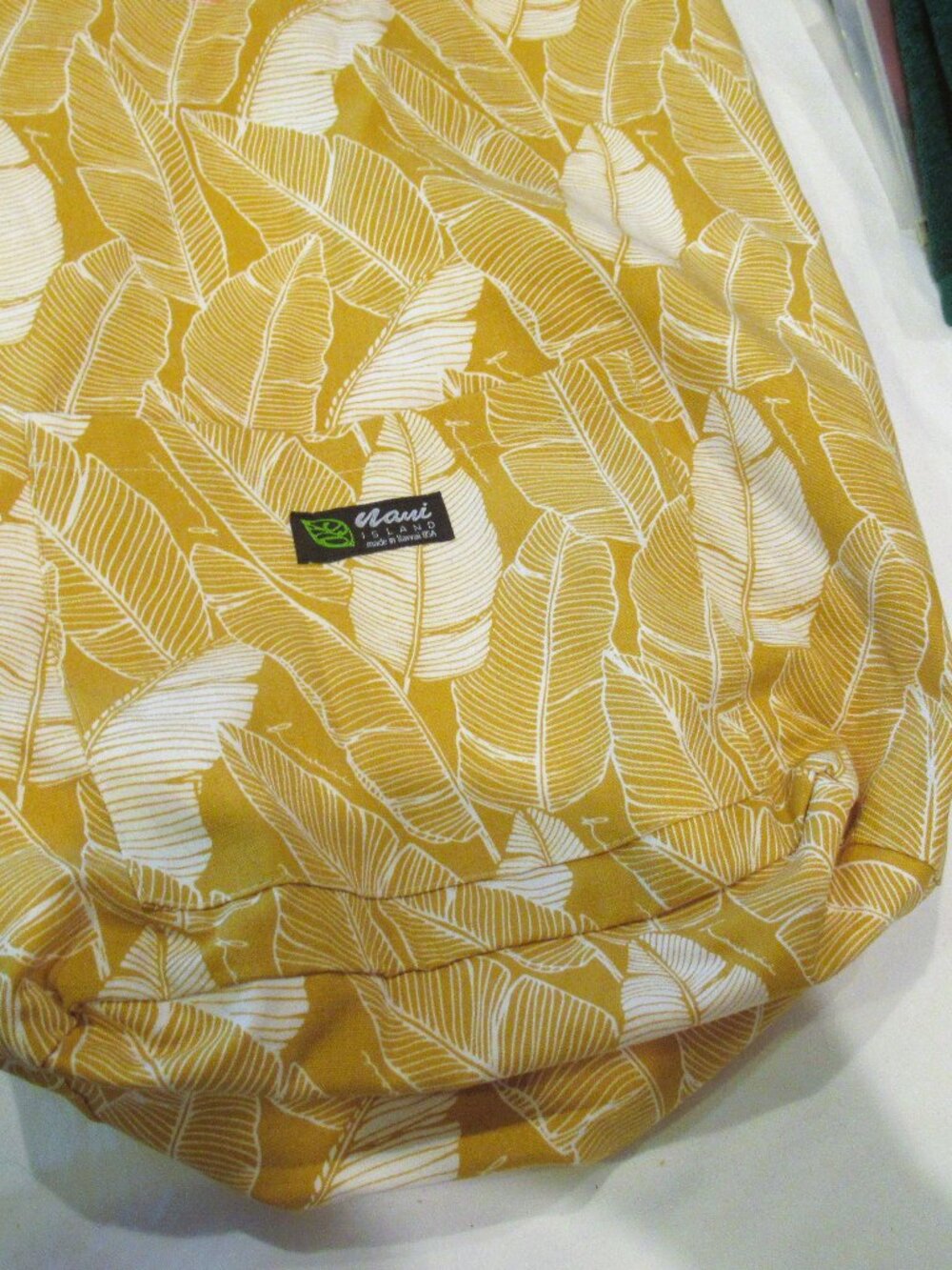 Nani Island yellow palm leaf tote bag purse, peach interior